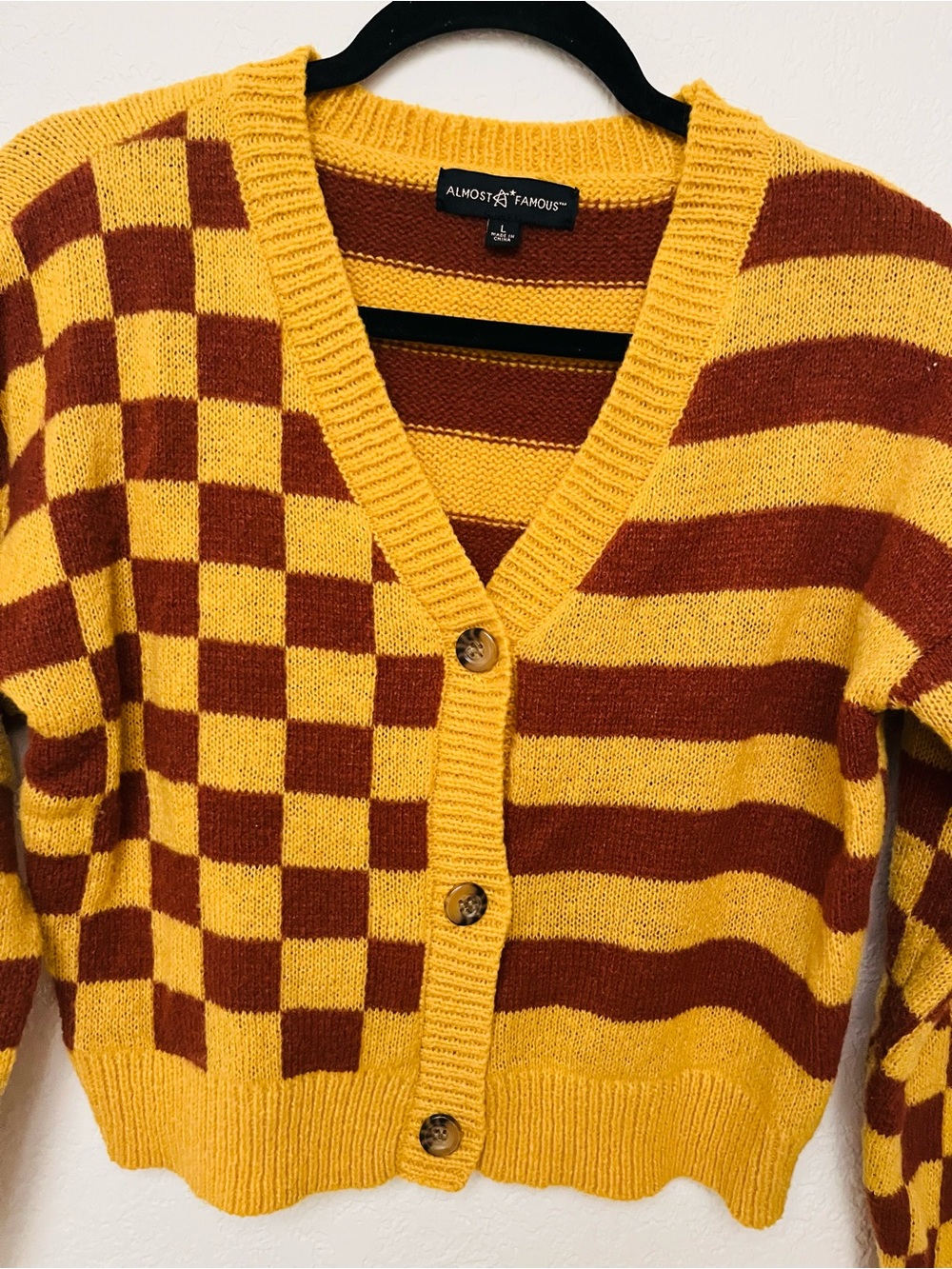 Almost Famous Mustard Yellow & Rust Checkerboard Stripe V-Neck Cardigan